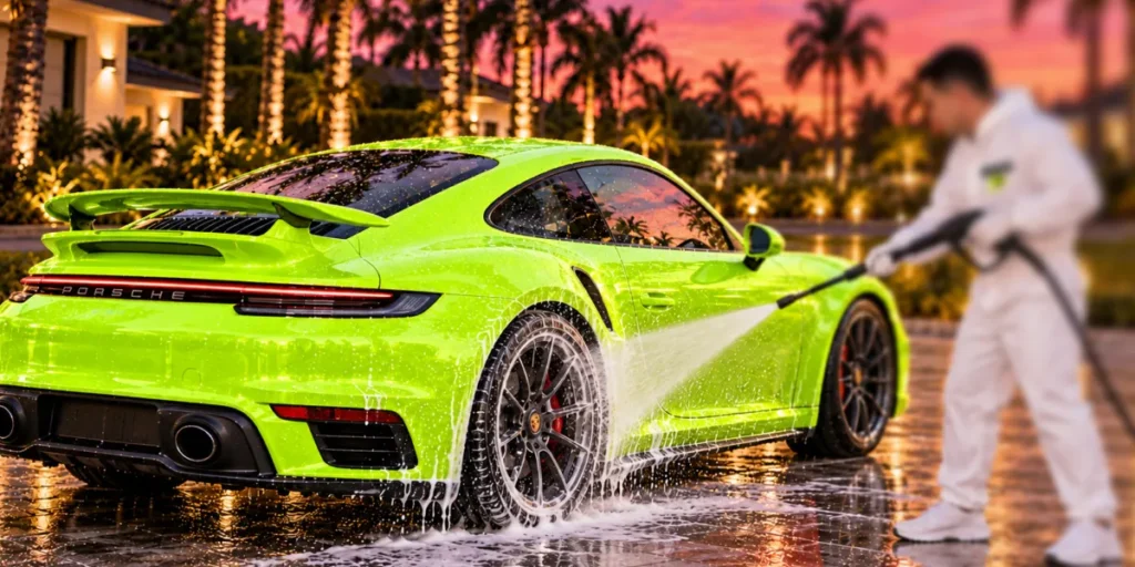 Lime Porsche 911 with water sheeting off the paint during a SHINEWAGON hand wash