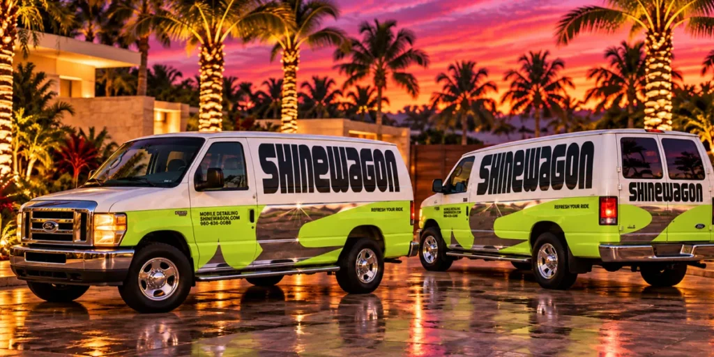 Two SHINEWAGON detailing vans parked in a client driveway